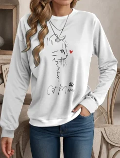 Women's Hoodies Cat Casual Long Sleeve Round Neck Regular Tops Work Dailywear Casual Print White Fall Winter