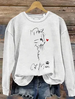 Women's Hoodies Cat Casual Long Sleeve Round Neck Regular Tops Work Dailywear Casual Print White Fall Winter