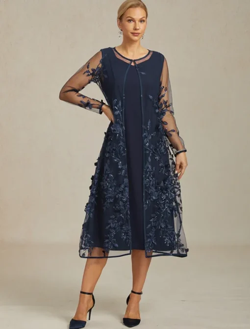 Women's Jacket Coat Blazer Lace Embroidered Sequin Elegant Floral Formal Anniversary Wedding Guest Cocktail Party Open Front Long Crewneck Regular Fit Long Sleeve Outerwear Navy Blue