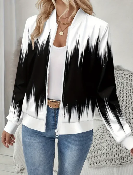 Women's Jacket Comfortable Print Outdoor Casual Boho Vintage Geometric Vacation Home Casual Daily Wear Short Baseball Collar Regular Fit Long Sleeve Outerwear Black And White Light Yellow Leopard