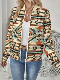 Women's Jacket Comfortable Print Outdoor Casual Boho Vintage Geometric Vacation Home Casual Daily Wear Short Baseball Collar Regular Fit Long Sleeve Outerwear Black And White Light Yellow Leopard
