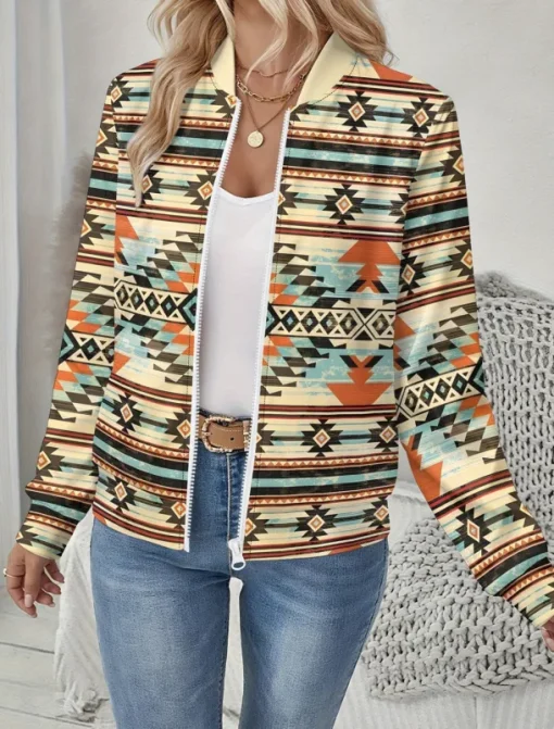 Women's Jacket Comfortable Print Outdoor Casual Boho Vintage Geometric Vacation Home Casual Daily Wear Short Baseball Collar Regular Fit Long Sleeve Outerwear Black And White Light Yellow Leopard