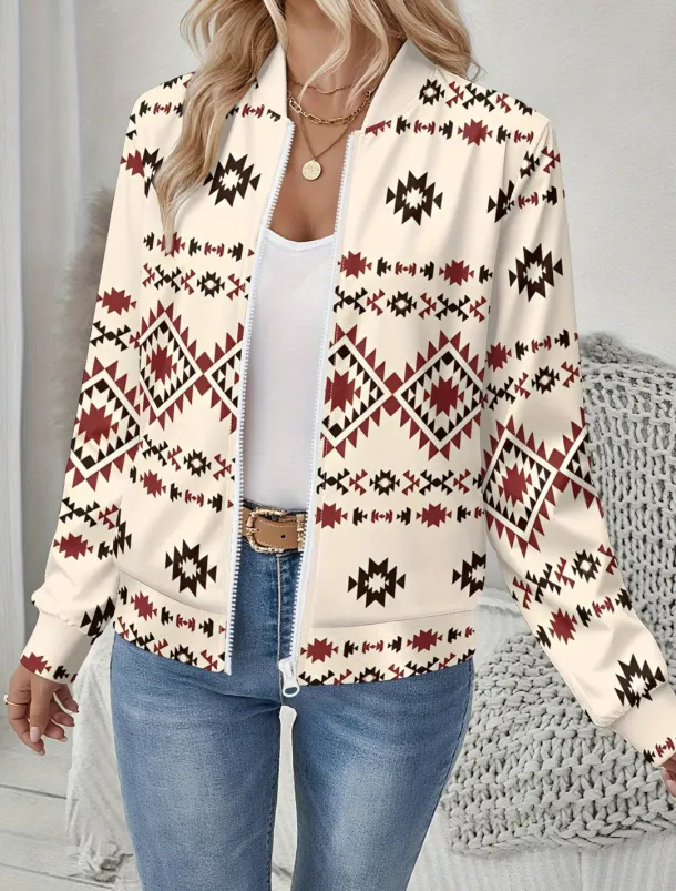 Women's Jacket Comfortable Print Outdoor Casual Boho Vintage Geometric Vacation Home Casual Daily Wear Short Baseball Collar Regular Fit Long Sleeve Outerwear Black And White Light Yellow Leopard