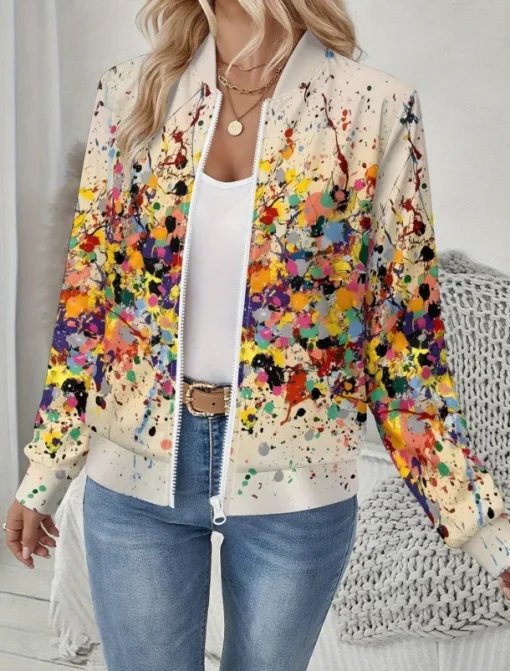 Women's Jacket Comfortable Print Outdoor Casual Boho Vintage Geometric Vacation Home Casual Daily Wear Short Baseball Collar Regular Fit Long Sleeve Outerwear Black And White Light Yellow Leopard