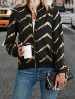 Women's Jacket Dailywear Zipper Geometric Windproof Vintage Regular Fit Outerwear Long Sleeve Spring Black S