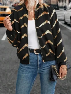 Women's Jacket Dailywear Zipper Geometric Windproof Vintage Regular Fit Outerwear Long Sleeve Spring Black S