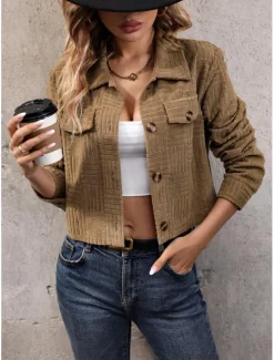 Women's Jacket Party Button Solid Color Windproof Vintage Regular Fit Outerwear Long Sleeve Fall khaki S