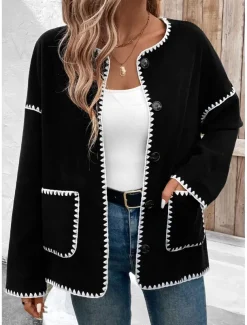 Women's Jacket Party Pocket Solid Color Windproof Fashion Loose Fit Outerwear Long Sleeve Fall Black S