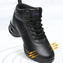 Women's Jazz Shoes Dance Sneakers Line Dance Performance Training Party Leatherette Loafers Softer Professional Split Sole Thick Heel Round Toe Lace-up Teenager Adults' Black / Gold White / Silver