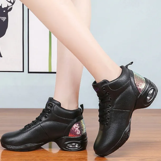 Women's Jazz Shoes Dance Sneakers Line Dance Performance Training Party Leatherette Loafers Softer Professional Split Sole Thick Heel Round Toe Lace-up Teenager Adults' Black / Gold White / Silver