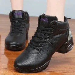 Women's Jazz Shoes Dance Sneakers Line Dance Performance Training Party Leatherette Loafers Softer Professional Split Sole Thick Heel Round Toe Lace-up Teenager Adults' Black / Gold White / Silver