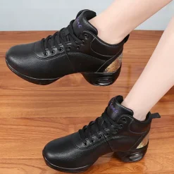 Women's Jazz Shoes Dance Sneakers Line Dance Performance Training Party Leatherette Loafers Softer Professional Split Sole Thick Heel Round Toe Lace-up Teenager Adults' Black / Gold White / Silver