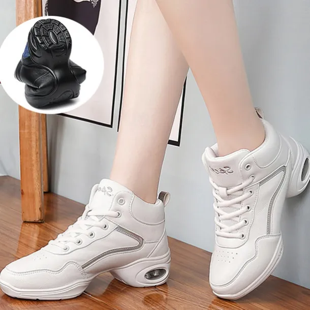 Women's Jazz Shoes Dance Sneakers Line Dance Performance Training Party Leatherette Loafers Softer Professional Split Sole Thick Heel Round Toe Lace-up Teenager Adults' Black / Gold White / Silver