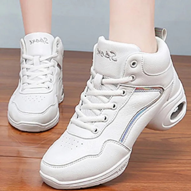 Women's Jazz Shoes Dance Sneakers Line Dance Performance Training Party Leatherette Loafers Softer Professional Split Sole Thick Heel Round Toe Lace-up Teenager Adults' Black / Gold White / Silver