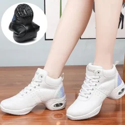 Women's Jazz Shoes Dance Sneakers Line Dance Performance Training Party Leatherette Loafers Softer Professional Split Sole Thick Heel Round Toe Lace-up Teenager Adults' Black / Gold White / Silver