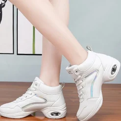 Women's Jazz Shoes Dance Sneakers Line Dance Performance Training Party Leatherette Loafers Softer Professional Split Sole Thick Heel Round Toe Lace-up Teenager Adults' Black / Gold White / Silver