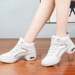 Women's Jazz Shoes Dance Sneakers Line Dance Performance Training Party Leatherette Loafers Softer Professional Split Sole Thick Heel Round Toe Lace-up Teenager Adults' Black / Gold White / Silver