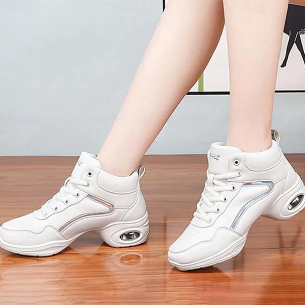 Women's Jazz Shoes Dance Sneakers Line Dance Performance Training Party Leatherette Loafers Softer Professional Split Sole Thick Heel Round Toe Lace-up Teenager Adults' Black / Gold White / Silver