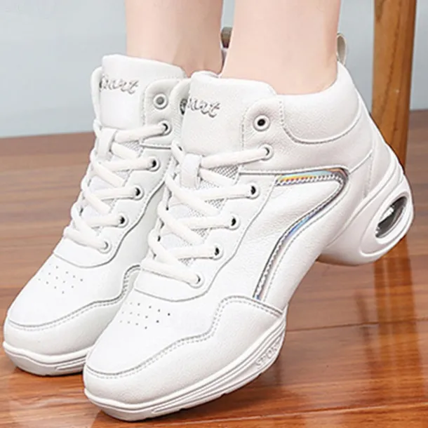 Women's Jazz Shoes Dance Sneakers Line Dance Performance Training Party Leatherette Loafers Softer Professional Split Sole Thick Heel Round Toe Lace-up Teenager Adults' Black / Gold White / Silver