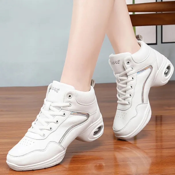 Women's Jazz Shoes Dance Sneakers Line Dance Performance Training Party Leatherette Loafers Softer Professional Split Sole Thick Heel Round Toe Lace-up Teenager Adults' Black / Gold White / Silver