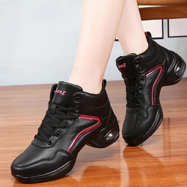 Women's Jazz Shoes Dance Sneakers Line Dance Performance Training Party Leatherette Loafers Softer Professional Split Sole Thick Heel Round Toe Lace-up Teenager Adults' Black / Gold White / Silver