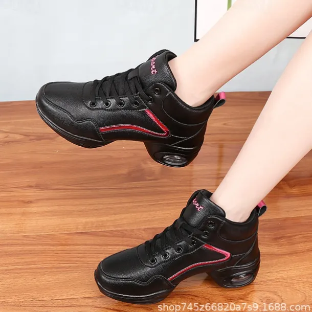 Women's Jazz Shoes Dance Sneakers Line Dance Performance Training Party Leatherette Loafers Softer Professional Split Sole Thick Heel Round Toe Lace-up Teenager Adults' Black / Gold White / Silver