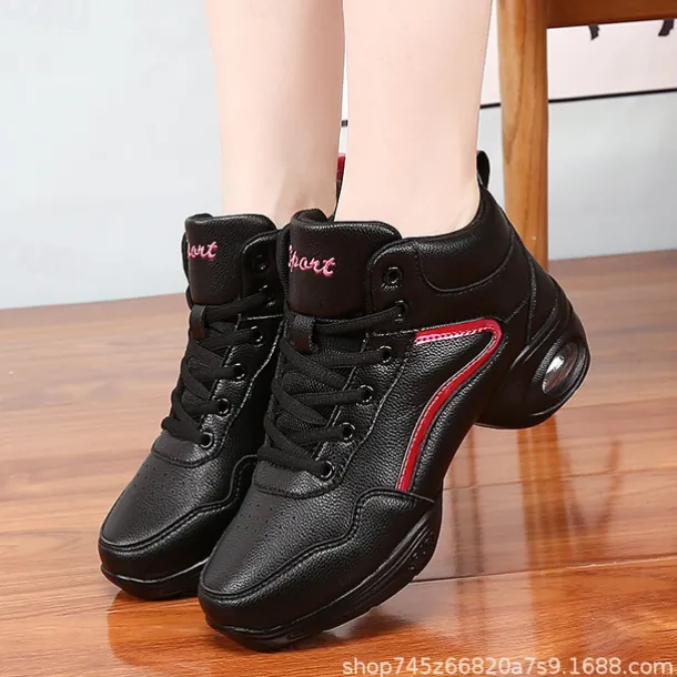 Women's Jazz Shoes Dance Sneakers Line Dance Performance Training Party Leatherette Loafers Softer Professional Split Sole Thick Heel Round Toe Lace-up Teenager Adults' Black / Gold White / Silver