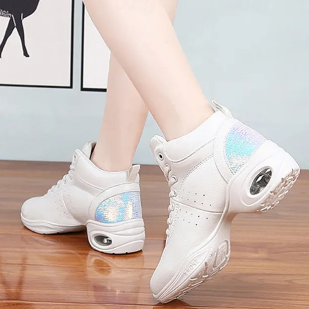 Women's Jazz Shoes Dance Sneakers Line Dance Performance Training Party Leatherette Loafers Softer Professional Split Sole Thick Heel Round Toe Lace-up Teenager Adults' Black / Gold White / Silver