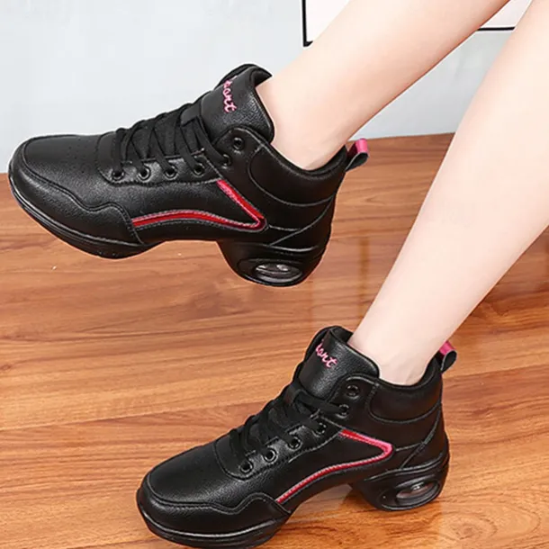 Women's Jazz Shoes Dance Sneakers Line Dance Performance Training Party Leatherette Loafers Softer Professional Split Sole Thick Heel Round Toe Lace-up Teenager Adults' Black / Gold White / Silver