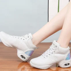 Women's Jazz Shoes Dance Sneakers Line Dance Performance Training Party Leatherette Loafers Softer Professional Split Sole Thick Heel Round Toe Lace-up Teenager Adults' Black / Gold White / Silver