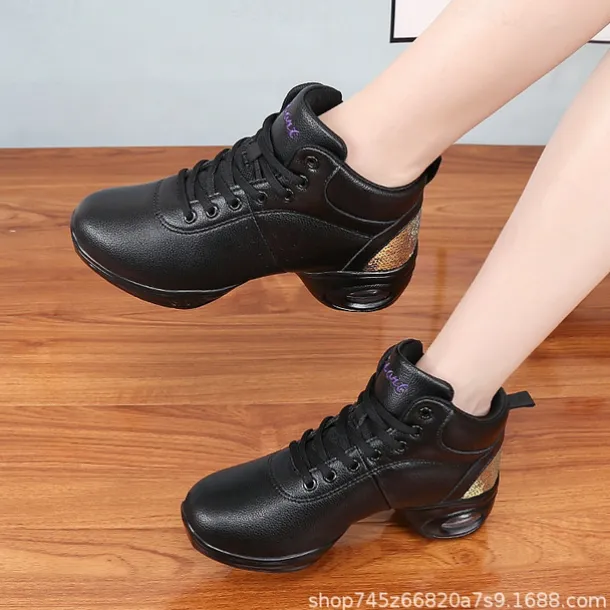 Women's Jazz Shoes Dance Sneakers Line Dance Performance Training Party Leatherette Loafers Softer Professional Split Sole Thick Heel Round Toe Lace-up Teenager Adults' Black / Gold White / Silver