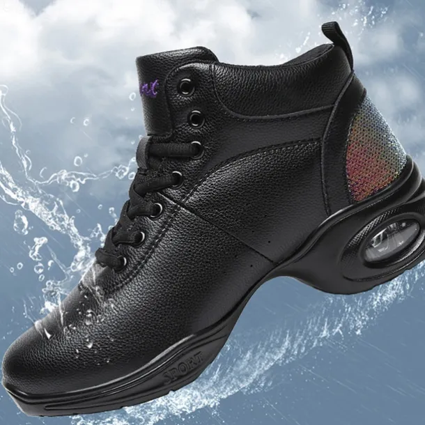 Women's Jazz Shoes Dance Sneakers Line Dance Performance Training Party Leatherette Loafers Softer Professional Split Sole Thick Heel Round Toe Lace-up Teenager Adults' Black / Gold White / Silver