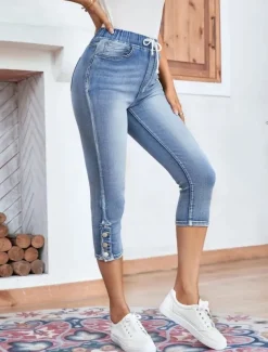 Women's Jeans Chinos Vacation Vintage Fashion Calf-Length High Waist Plain Pocket Comfy Soft Comfortable Stretchy Outdoor Street Light Blue Summer Regular Fit