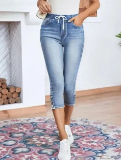 Women's Jeans Chinos Vacation Vintage Fashion Calf-Length High Waist Plain Pocket Comfy Soft Comfortable Stretchy Outdoor Street Light Blue Summer Regular Fit