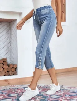 Women's Jeans Chinos Vacation Vintage Fashion Calf-Length High Waist Plain Pocket Comfy Soft Comfortable Stretchy Outdoor Street Light Blue Summer Regular Fit