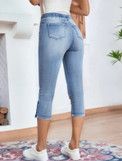 Women's Jeans Chinos Vacation Vintage Fashion Calf-Length High Waist Plain Pocket Comfy Soft Comfortable Stretchy Outdoor Street Light Blue Summer Regular Fit