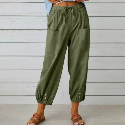 Women's Jogger Pants Olive Green Casual Drawstring Elastic Ankle Button Detail Pockets Light Breathable Spring Autumn Leisure Comfort Multiple Sizes
