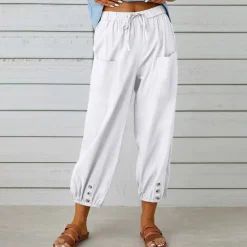 Women's Jogger Pants Olive Green Casual Drawstring Elastic Ankle Button Detail Pockets Light Breathable Spring Autumn Leisure Comfort Multiple Sizes