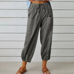 Women's Jogger Pants Olive Green Casual Drawstring Elastic Ankle Button Detail Pockets Light Breathable Spring Autumn Leisure Comfort Multiple Sizes