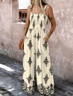 Women's Jumpsuit Active Floral Sleeveless Bootcut Vacation Street Regular Fit Black Beige Summer