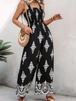 Women's Jumpsuit Active Floral Sleeveless Bootcut Vacation Street Regular Fit Black Beige Summer