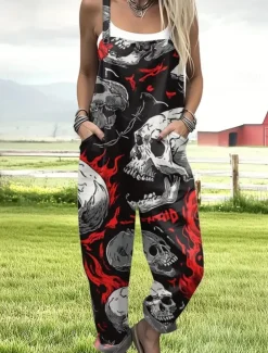 Women's Jumpsuit Active Graphic Sleeveless Sleeveless Wide Leg Pocket Buttons Vacation Street Loose Fit Black Red Navy Blue Summer