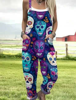 Women's Jumpsuit Active Graphic Sleeveless Sleeveless Wide Leg Pocket Buttons Vacation Street Loose Fit Black Red Navy Blue Summer