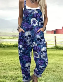 Women's Jumpsuit Active Graphic Sleeveless Sleeveless Wide Leg Pocket Buttons Vacation Street Loose Fit Black Red Navy Blue Summer