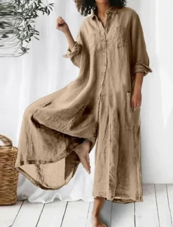 Women's Jumpsuit Active Solid Color Long Sleeve Wide Leg Shirt Collar Buttons Pocket Vacation Daily Regular Fit Army Green Navy Blue Khaki Summer