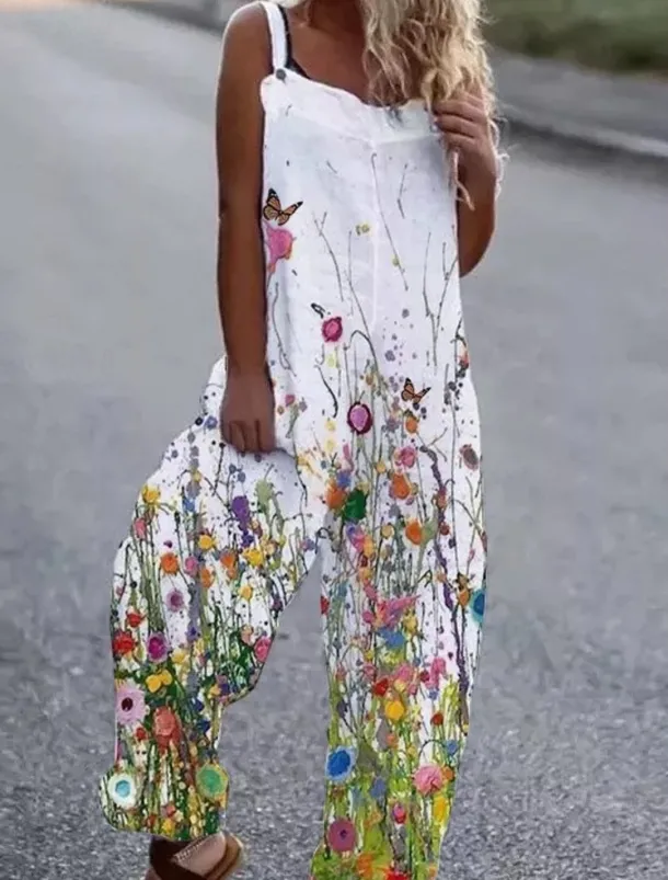 Women's Jumpsuit Button Print Floral Cold Shoulder Ordinary Street Going out Wide Leg Loose Fit Sleeveless Sleeveless Black White Yellow S M L Summer