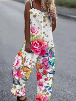Women's Jumpsuit Button Print Floral Cold Shoulder Ordinary Street Going out Wide Leg Loose Fit Sleeveless Sleeveless Black White Yellow S M L Summer