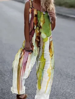 Women's Jumpsuit Button Print Floral Cold Shoulder Ordinary Street Going out Wide Leg Loose Fit Sleeveless Sleeveless Black White Yellow S M L Summer