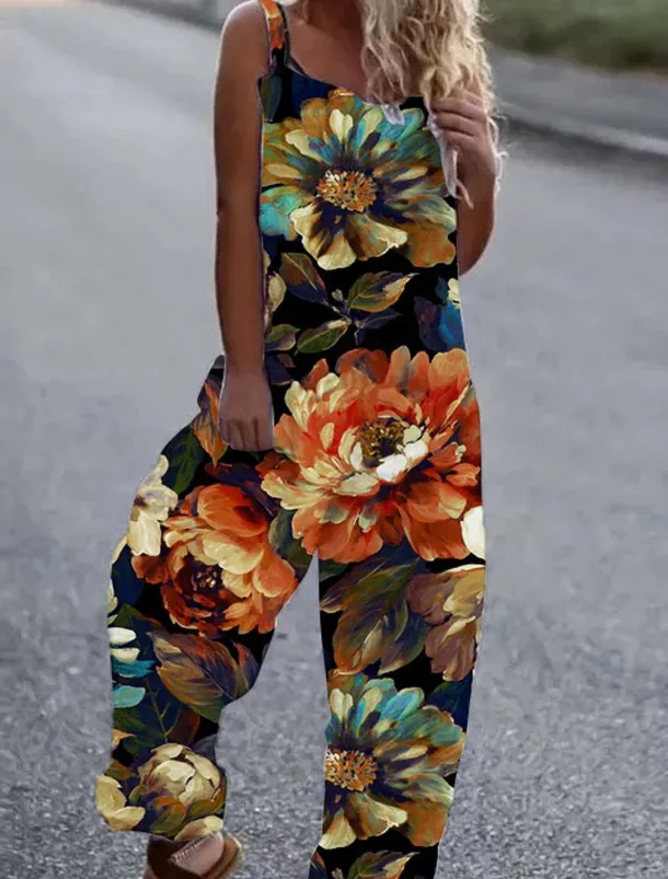 Women's Jumpsuit Button Print Floral Cold Shoulder Ordinary Street Going out Wide Leg Loose Fit Sleeveless Sleeveless Black White Yellow S M L Summer