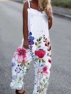 Women's Jumpsuit Dungarees Sleeveless Butterfly Print Top White Pants Casual Comfortable Adjustable Strap Straight-Leg Summer Fashion Clothing Apparel